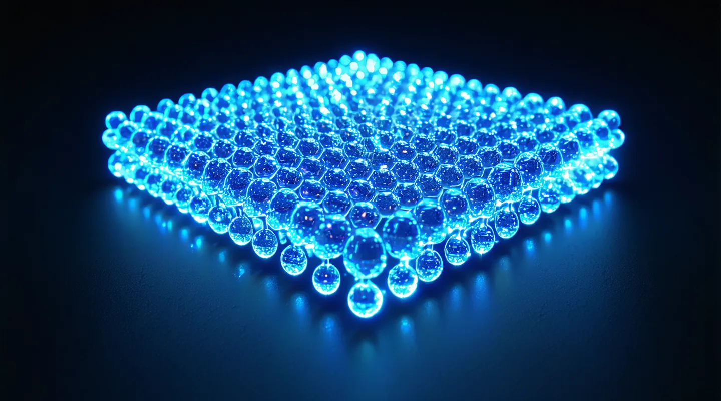 3D crystal lattice structure of a layered oxide material with crystallographic bond lines illuminated in blue against deep dark space